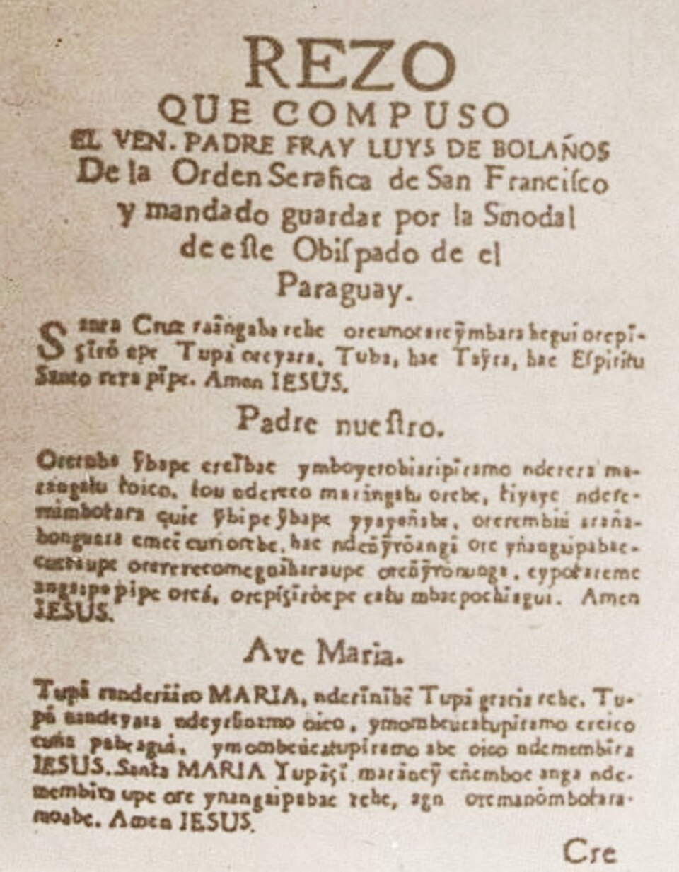 Documento colonial con texto en guaraní — Rezo del Padre Fray Luys de Bolaños, siglo XVII